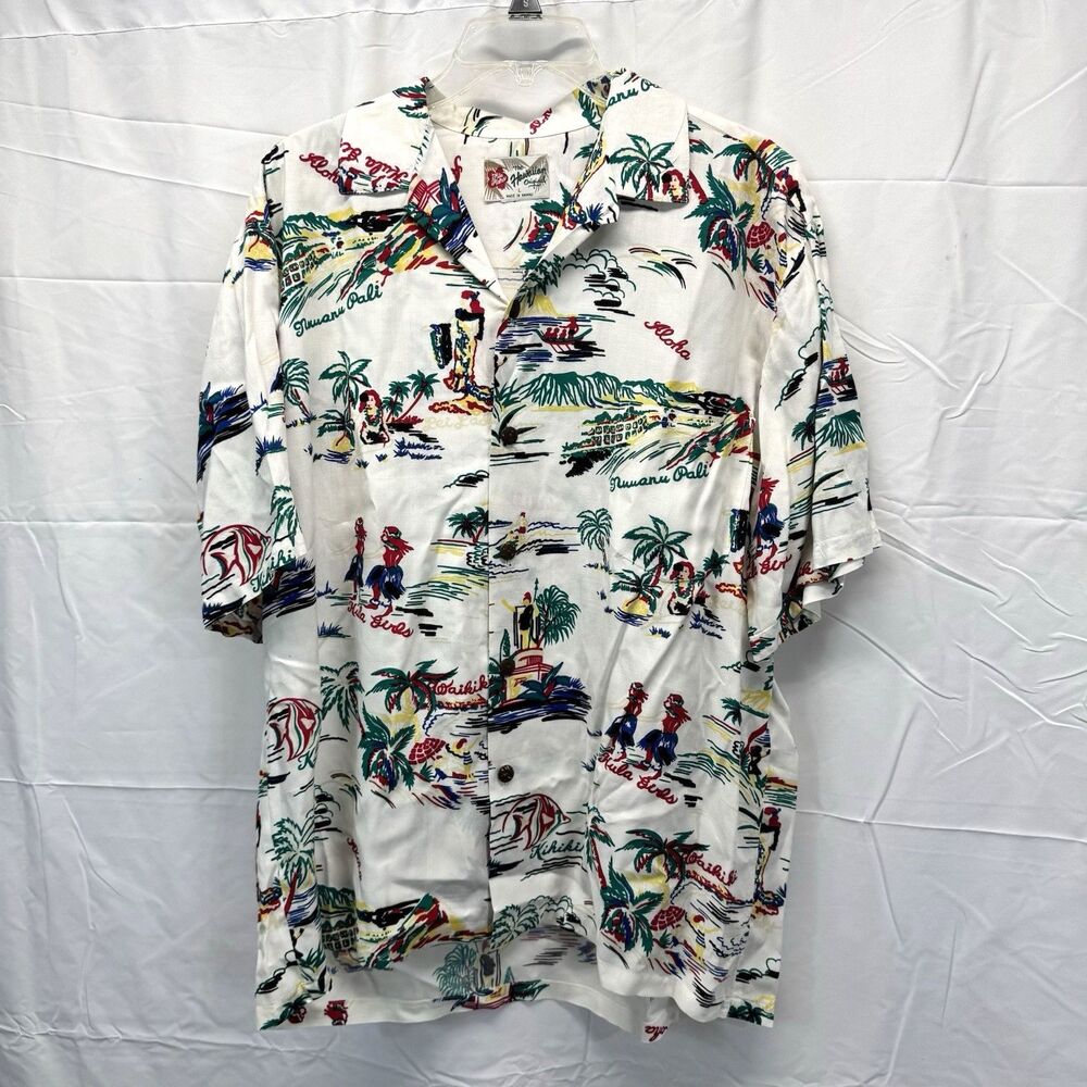 Hilo Hattie Hawaiian Shirt Mens L White Aloha Hula Girls Waikiki Beach Camp